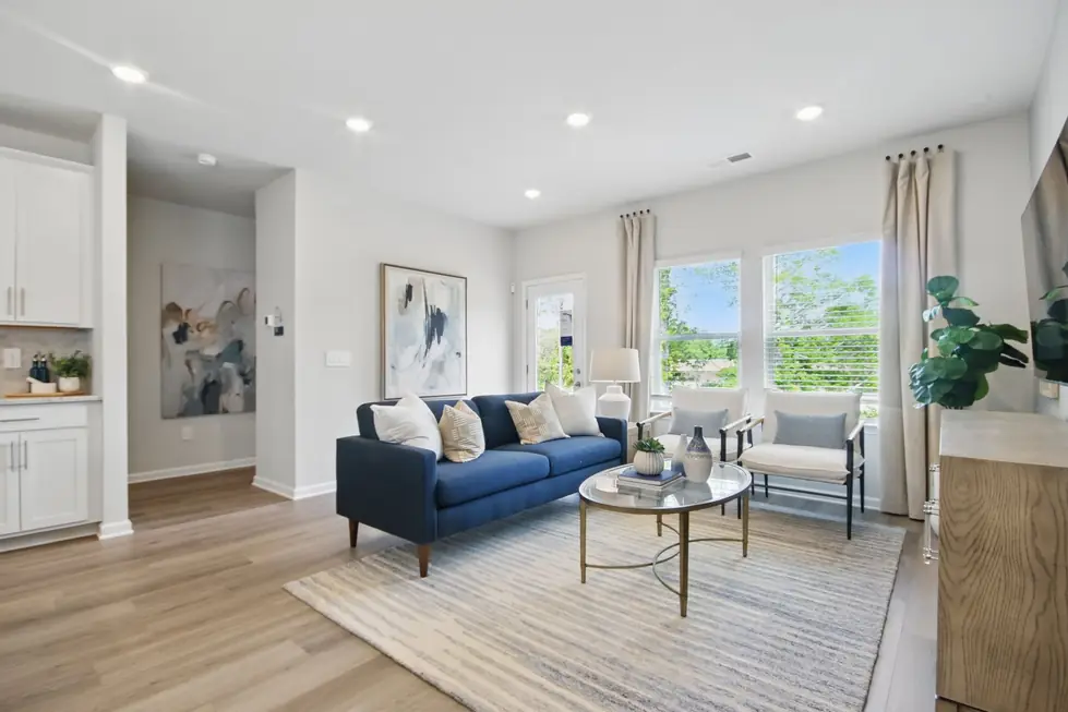 Bright living room with a navy sofa, abstract wall art and tall windows looking into trees, photographed for a listing